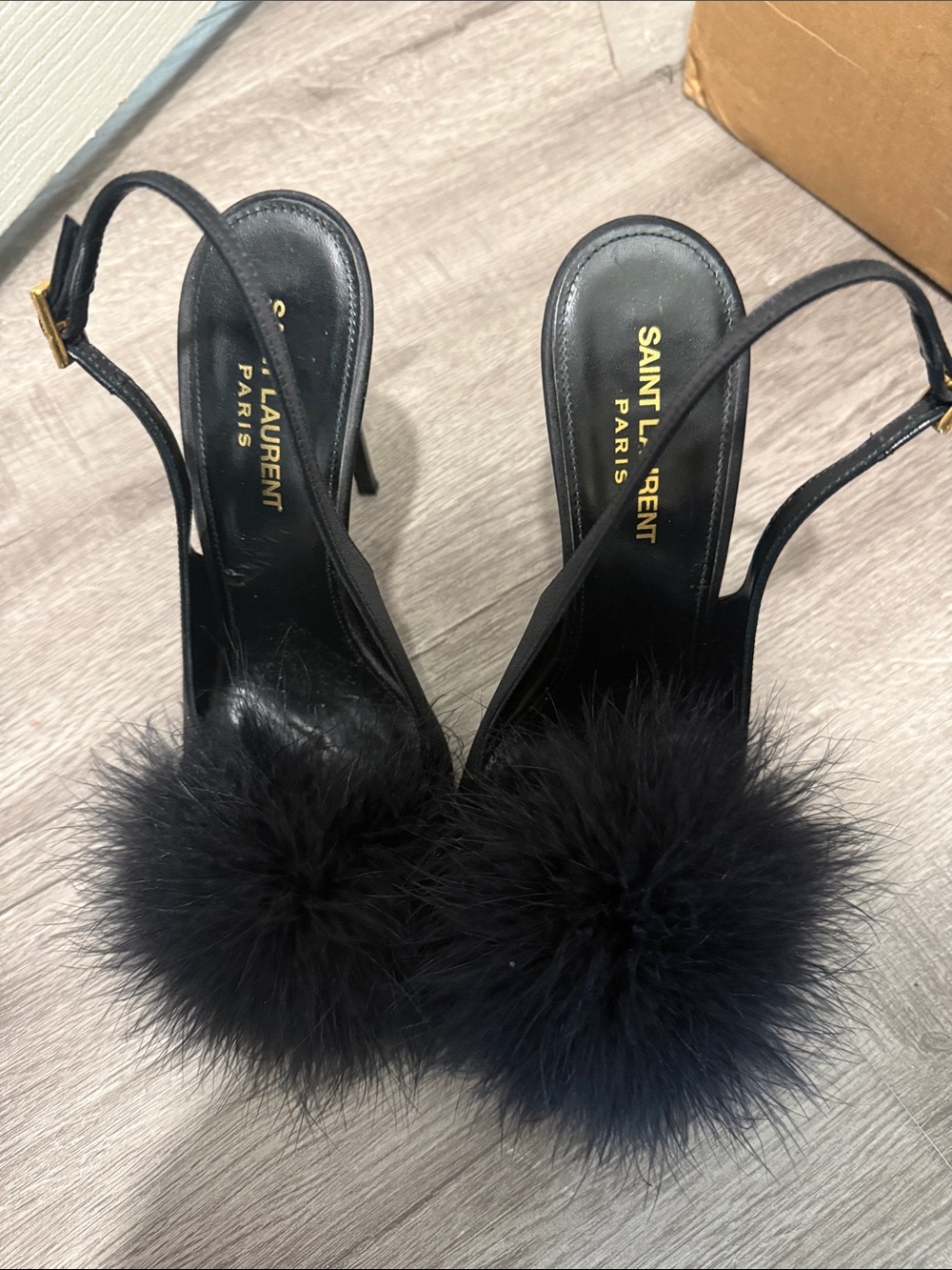 Saint Laurent Black Feather Pom-Pom Slingback Heels